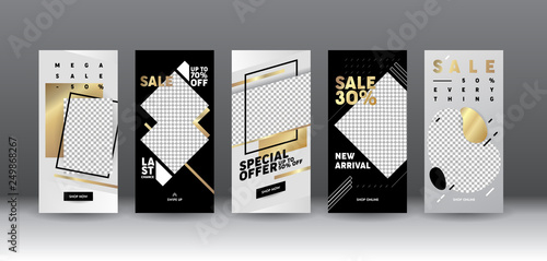Instagram Story Template Sale Mobile App Page Onboard Screen Set. Modern Silver Black Idea for Design. Social Media Background Website or Web Page. Flat Cartoon Vector Illustration