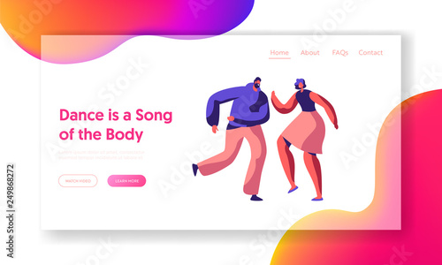 Cute Couple Dance Together Landing Page. Male and Female Partner Dancing Active Website Template. Young People Joyful Perfomance. Boy and Girl Fun Pose. Flat Cartoon Vector Illustration