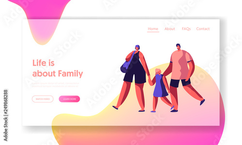 Happy Family on Shopping Landing Page. Mother and Father Walk Hold Little Daughter Hand Website or Web Page. Cheerful Couple Shop. Woman Carry Bag. Flat Cartoon Vector Illustration