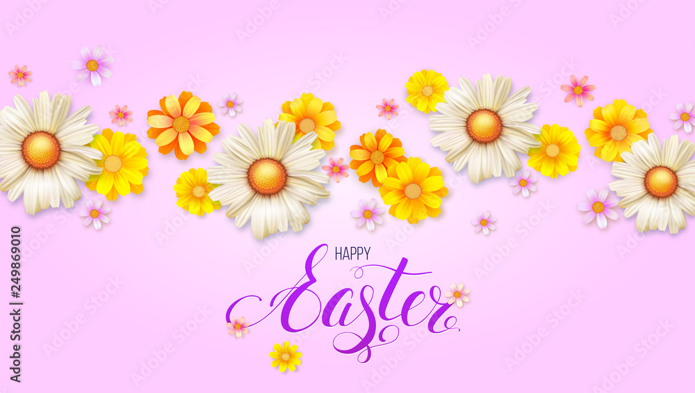 Happy Easter day. 3d realistic vector flowers buds. Spring flower composition on pink background. Template for greetings with design of Handwriting text happy Easter.