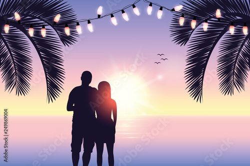 couple in love silhouette romantic day on paradise beach vector illustration EPS10