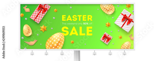 Easter sale. Billboard with holiday offer. Discount of 50 percent off. Pattern with festive gift boxes, golden Easter eggs and Easter decorative elements. Top view on promotional banner, flat lay