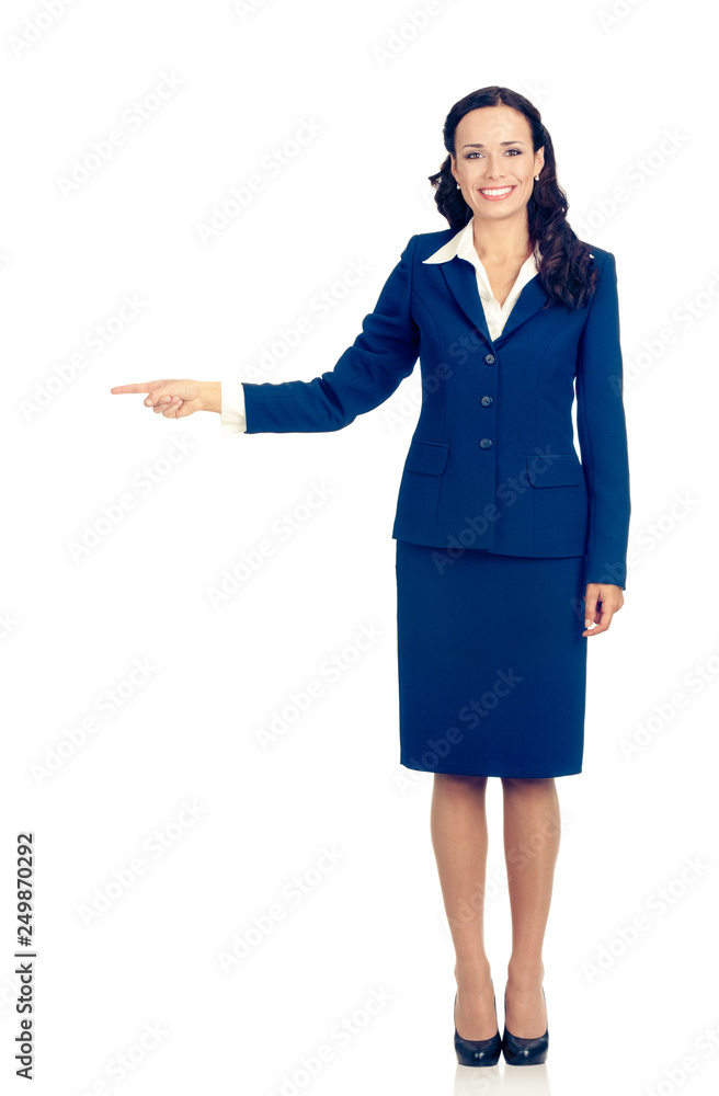 Young businesswoman showing something, on white Young businesswoman showing something, on white