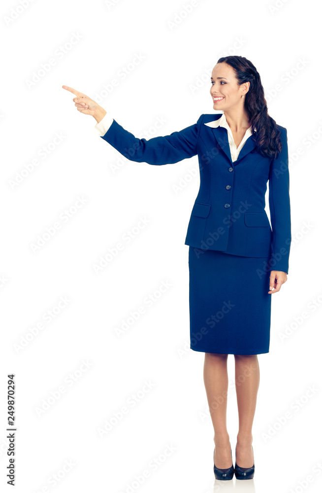 Young businesswoman showing something, on white Young businesswoman showing something, on white