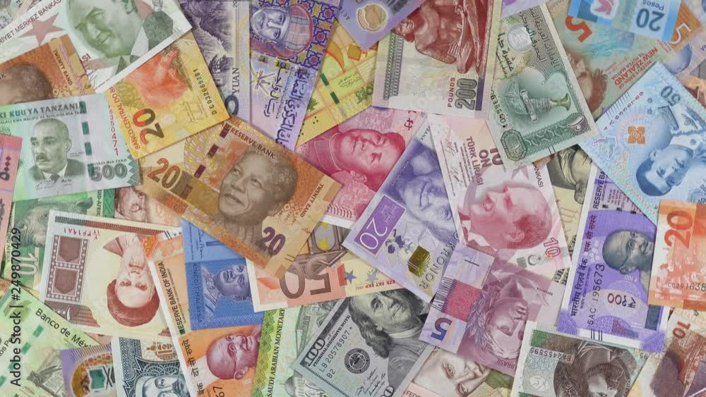 World currencies notes slow rotating. International money background. 4K stock video footage World currencies notes slow rotating. International money background. 4K stock video footage