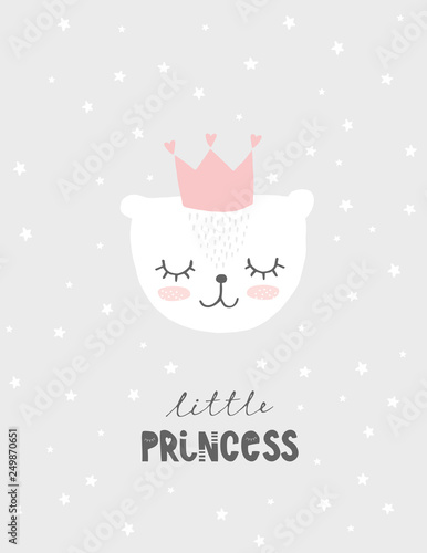 Lovely Little Princess Vector Illustration.Cute White Baby Bear Wearing Pink Crown With Heart.Light Gray Starry Background. Sweet Nursery Art.Pastel Colors Design for Baby Girl.Simple Baby Shower Card