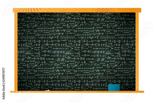 Black school blackboard in wooden frame with lots of chalk math calculations and sponge on shelf on white