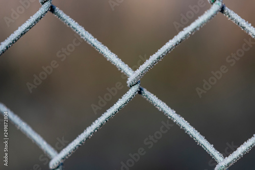 detail of a fence covered with morning frost