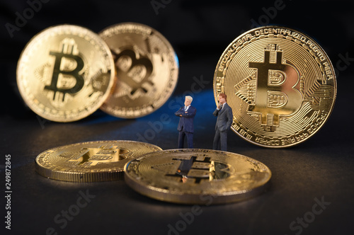 Golden Bitcoins. New virtual money. Studio shot