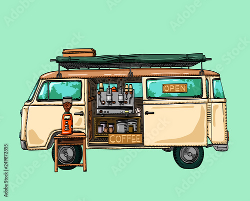 Street coffee van. truck cafe. Fast delivery. vector illustration