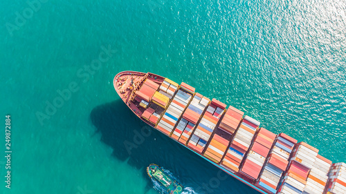 Logistics and transportation of Container Cargo ship and Cargo import/export and business logistics,Aerial view from drone