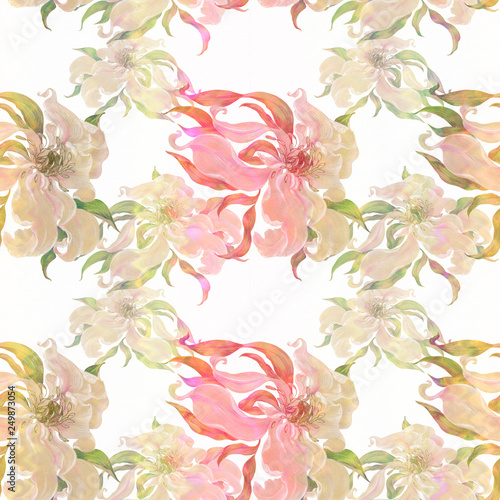 Flowers on a watercolor background. Abstract wallpaper with floral motifs. Seamless pattern. Flower composition. Use printed materials, signs, posters, postcards, packaging. © gvinevera88