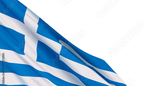 Background with a realistic waving Greece flag on white background. Vector template for Greek patriotic holidays celebration Independence Day, Ochi Day, Labour Day.