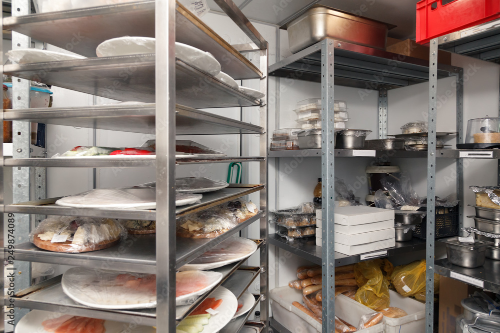 Different foods, fruits and vegetables, greens, pre-cooked dishes on ...
