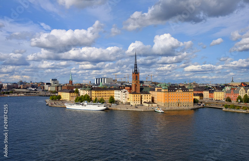 Scenic summer aerial panorama of the Old Town (Gamla Stan) pier architecture in Stockholm, Sweden
