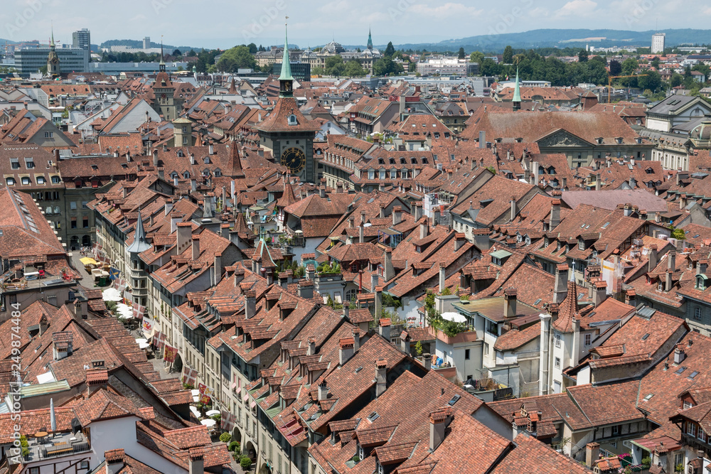 Aerial view of historic Bern city center from Bern Minster, Switzerland