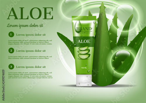 cosmetic ad, Foam with aloe vera tree and bubbles on green background