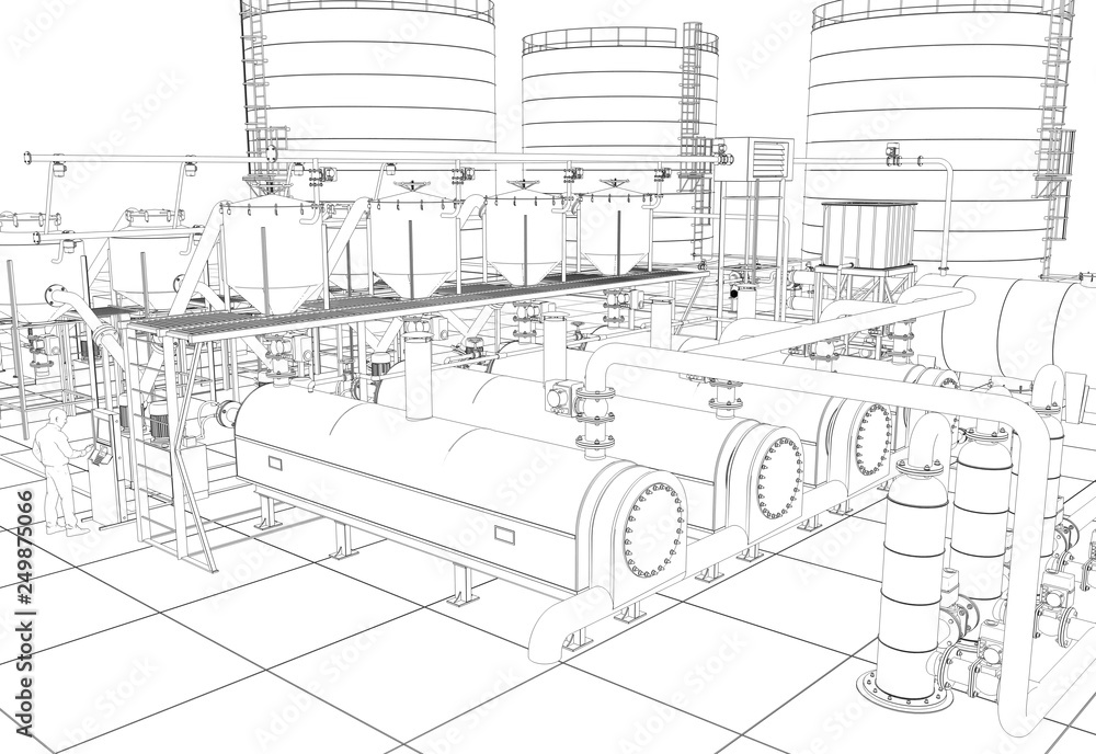 Fototapeta premium oil refinery, chemical production, waste processing plant, contour visualization, 3D illustration, sketch, outline