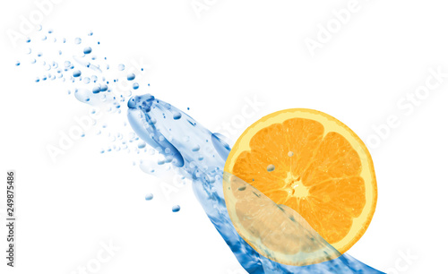 Fresh orange with water splash isolated on white background. Label design template. 3D Vector