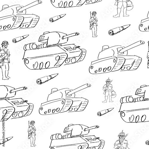 Hand sketched Seamless pattern with soldiers, punzers or tank, combat cartridges. Military background in sketch style. Template for February 23- the Day of Defender of the Fatherland, cover, poster.