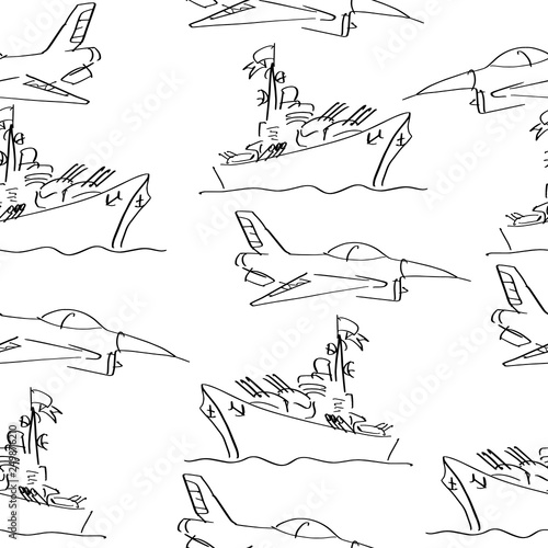 Hand sketched Seamless pattern with war ships or border ships and fighter planes. Military background in sketch style. Template for February 23- the Day of Defender of the Fatherland, cover, poster.
