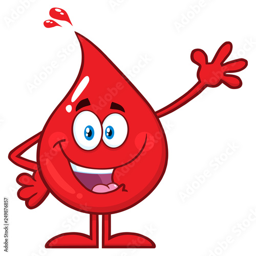 Red Blood Drop Cartoon Character Waving For Greeting. Vector Illustration Isolated On Transparent Background
