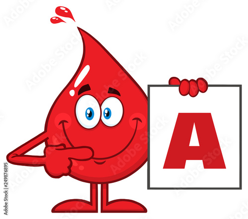 Red Blood Drop Cartoon Character Show A Board With Blood Type A. Vector Illustration Isolated On Transparent Background