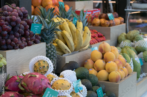 Fresh healthy bio fruits and vegetables on Bremen farmer agricultural market in San Miguel Market Madrid