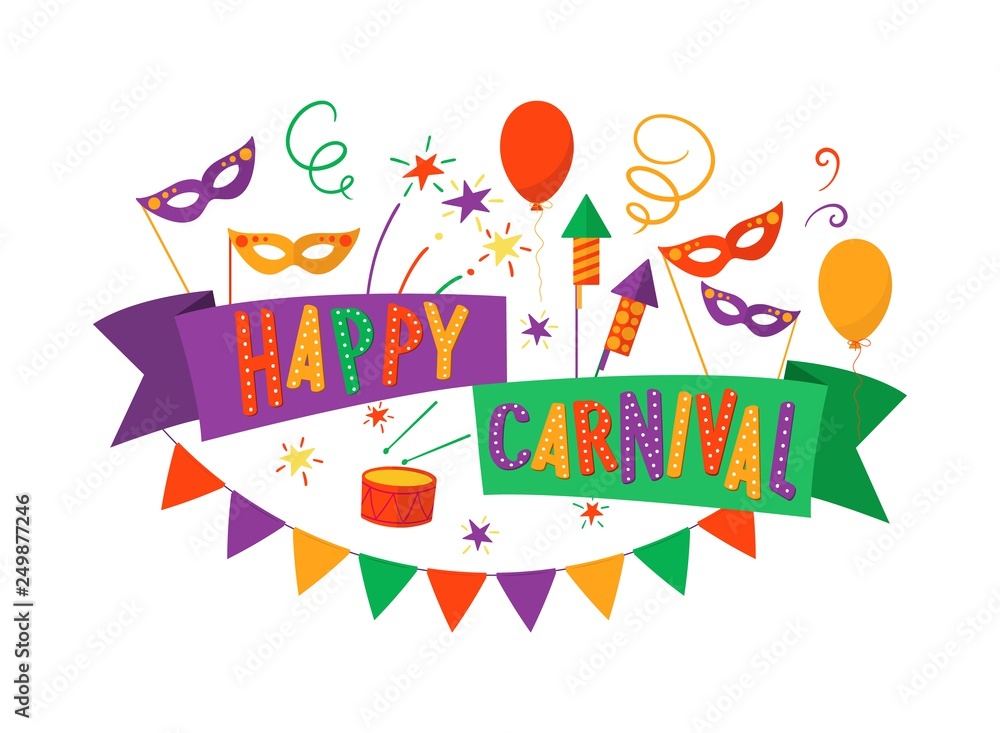 Happy Carnival colorful festive poster. Popular Event in Brazil, Italy, USA, Spain. Ready template for print, Carnival, kids party, decoration, event. Vector greeting card, promotion, poster, flyer.