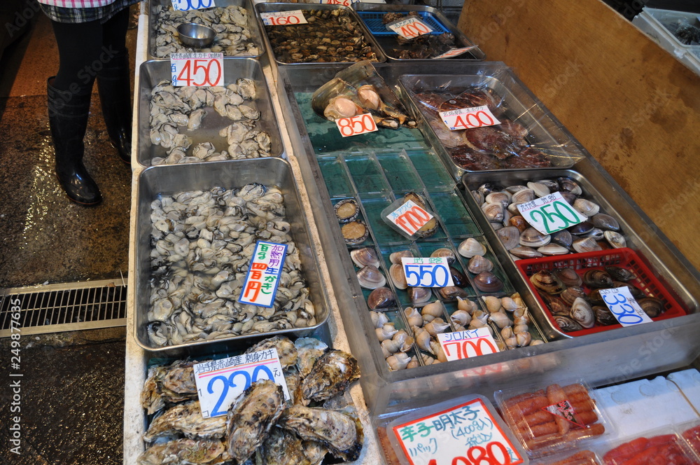 Fish delicacies at the market in Tokyo Japan