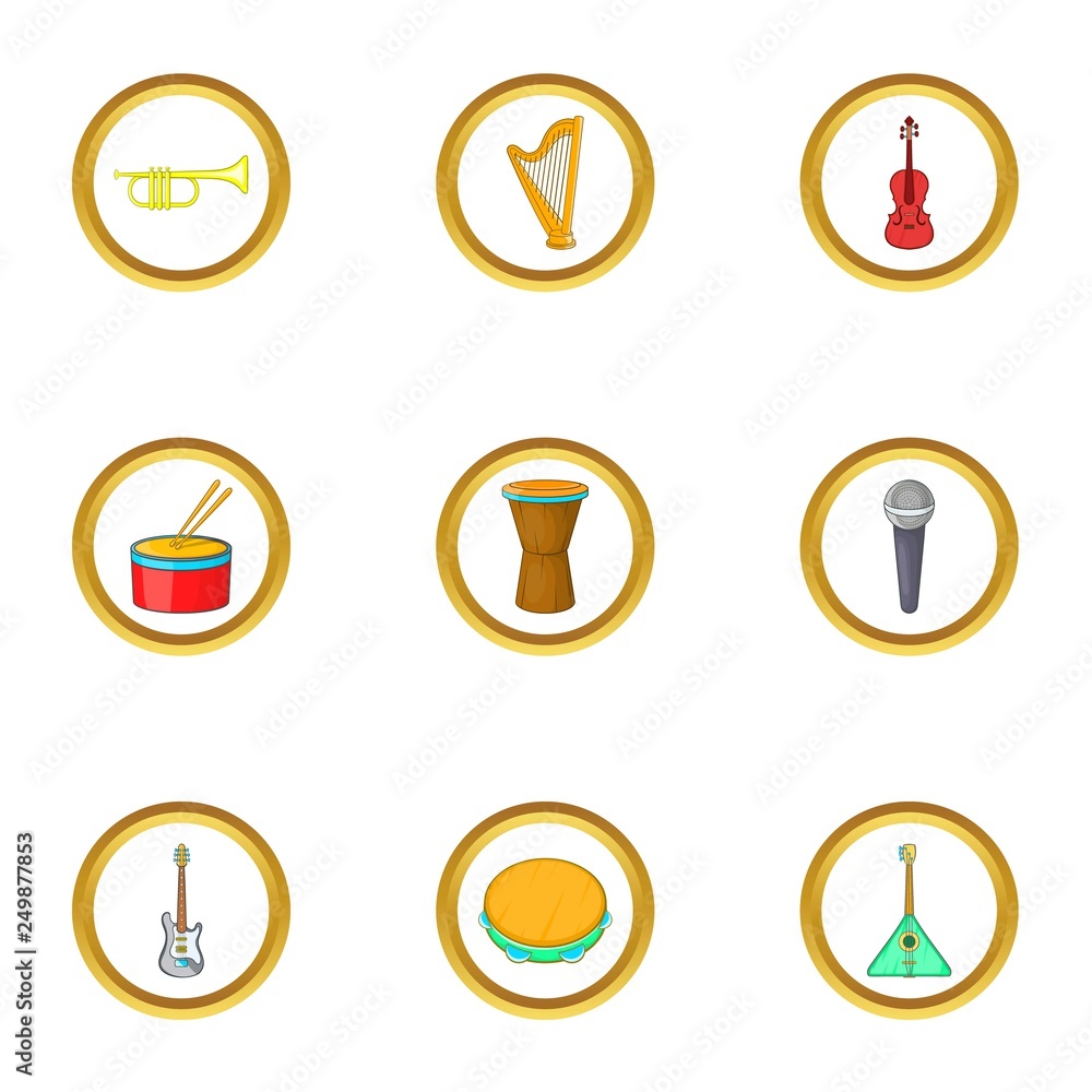 Orchestra icons set. Cartoon set of 9 orchestra vector icons for web isolated on white background Orchestra icons set. Cartoon set of 9 orchestra vector icons for web isolated on white background