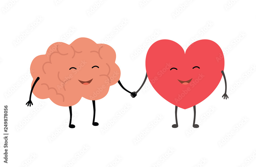 Brain and heart handshake. Vector concept illustration of teamwork between mind and feelings Brain and heart handshake. Vector concept illustration of teamwork between mind and feelings