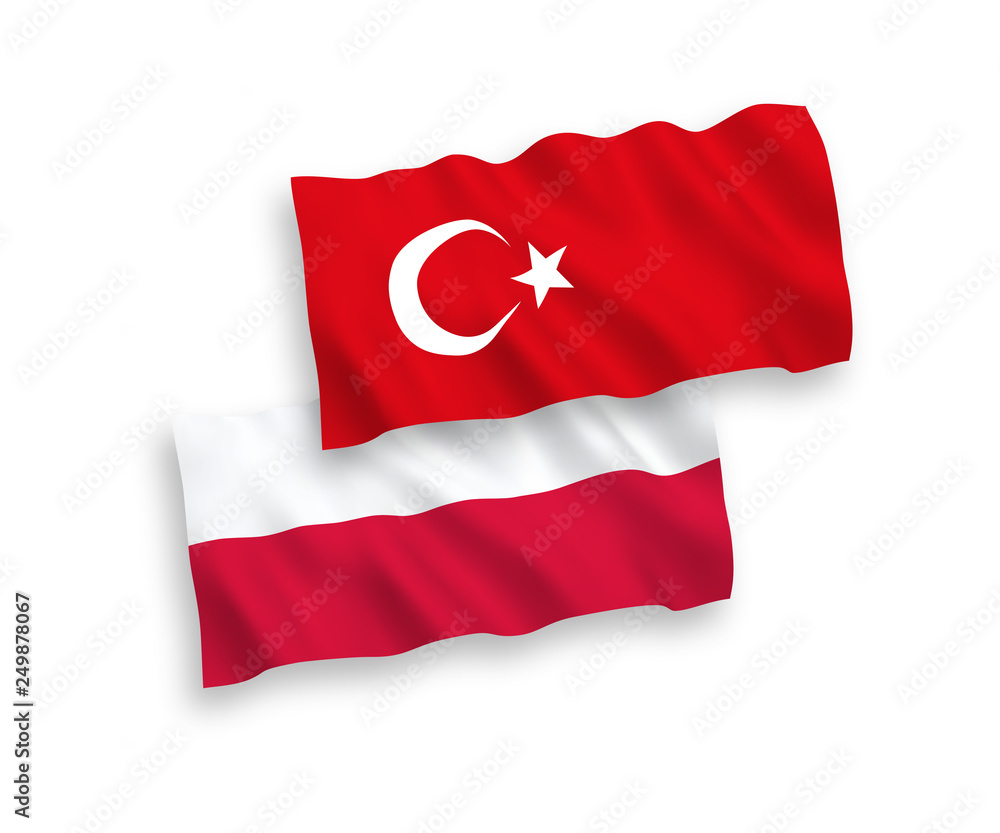 National vector fabric wave flags of Turkey and Poland isolated on white background. 1 to 2 proportion. National vector fabric wave flags of Turkey and Poland isolated on white background. 1 to 2 proportion.