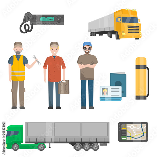 Auto Mechanics, Trucker, Cargo Trailer Truck, Road Attributes Set Vector Illustration