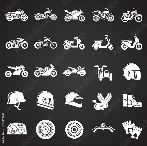 Motorcycle icons set on black background for graphic and web design, Modern simple vector sign. Internet concept. Trendy symbol for website design web button or mobile app