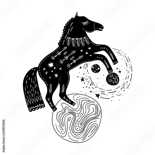 Vector childish hand-drawn illustration. Horse rearing up on the planet in space. Black and white
