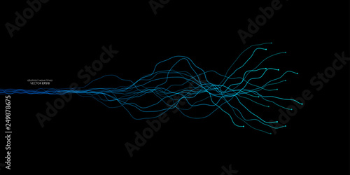 Fototapeta Naklejka Na Ścianę i Meble -  Vector wave lines flowing dynamic in blue green colors isolated on black background for concept of AI technology, music, sound