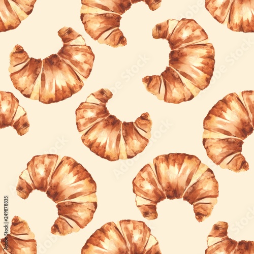 French croissant. Hand painting watercolor seamless pattern