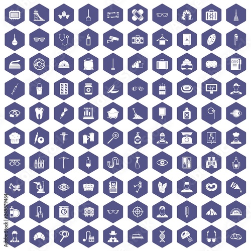 100 profession icons set in purple hexagon isolated vector illustration