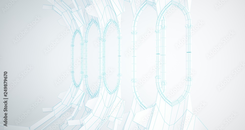 Abstract drawing white gothic interior multilevel public space with window. 3D illustration and rendering. Abstract drawing white gothic interior multilevel public space with window. 3D illustration and rendering.