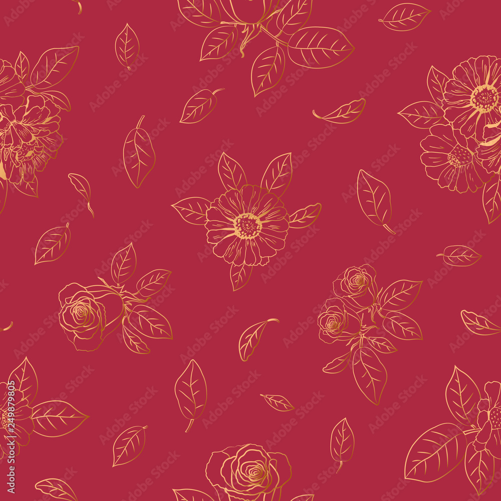Seamless elegant red pattern with gold flowers zinnia, camomile, daisy, sunflower, rose for textile, bedlinen, pillow, undergarment, wallpaper, packing paper. Vector illustration.