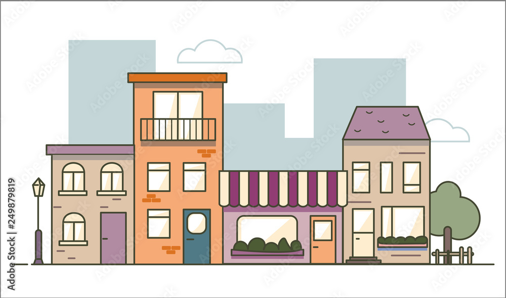 Urban landscape in flat line design isolated