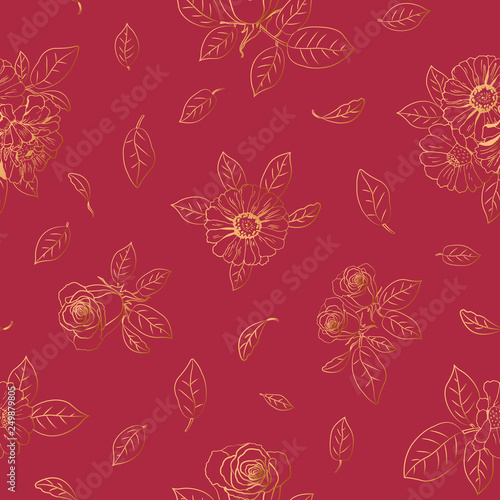 Seamless elegant red pattern with gold flowers zinnia, camomile, daisy, sunflower, rose for textile, bedlinen, pillow, undergarment, wallpaper, packing paper. Vector illustration.