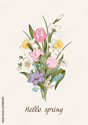 Spring bouquet of flowers. Floral background. Vector illustration.