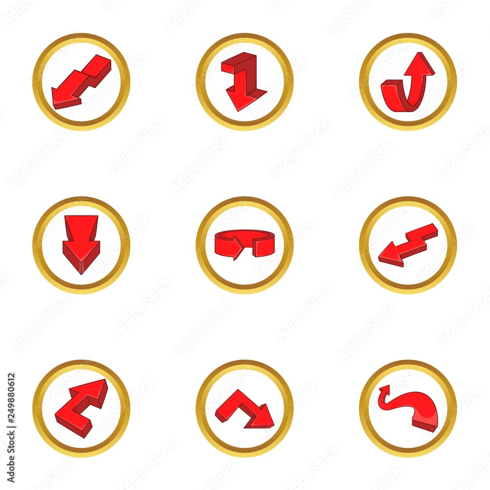 Red arrow icons set. Cartoon set of 9 red arrow vector icons for web isolated on white background Red arrow icons set. Cartoon set of 9 red arrow vector icons for web isolated on white background