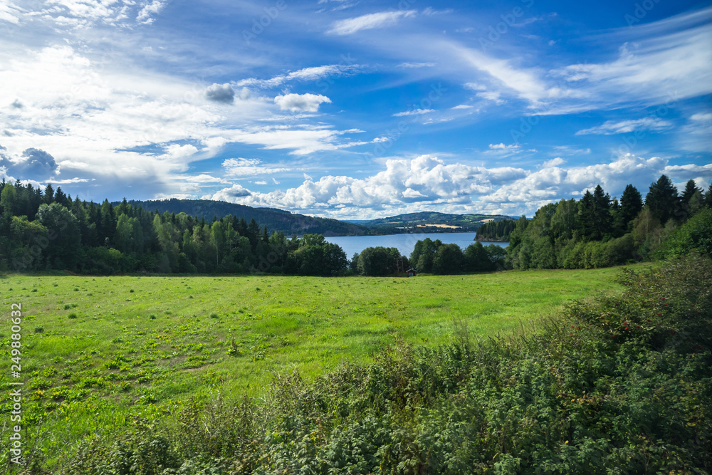 Norwegian landscape in Hedmark county during summer near Mjosa lake, viewed from the scenic railway connecting Oslo to Trondheim