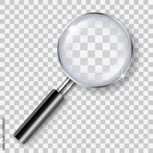 Vector realistic shiny transparent magnifying glass with shadow isolated on transparent background - analysis, search, exploration