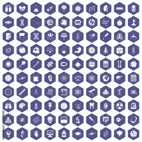 100 science icons set in purple hexagon isolated vector illustration
