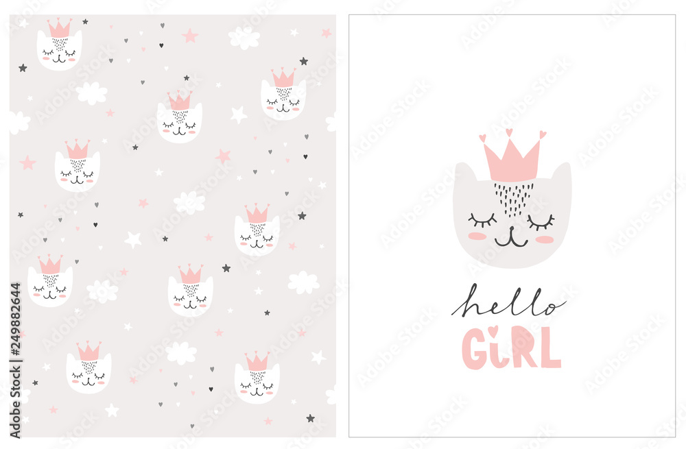 Lovely Hello Girl Vector Card and Pattern. Cute White Baby Cat Wearing Pink Crown on a White. Cats, Clouds, Stars and Heart on a Gray Background. Sweet Nursery Art. Simple Baby Shower Illustrations.
