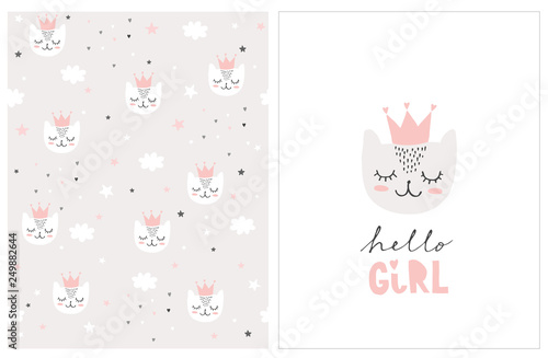 Lovely Hello Girl Vector Card and Pattern. Cute White Baby Cat Wearing Pink Crown on a White. Cats, Clouds, Stars and Heart on a Gray Background. Sweet Nursery Art. Simple Baby Shower Illustrations.